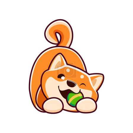 Ilustración de Dibujos animados kawaii lindo mascota shiba inu perro y el personaje del cachorro roer una pelota. Vector aislado divertido juego de perrito con un juguete duradero mejorar los instintos de masticación, proporciona entretenimiento y promueve la salud dental - Imagen libre de derechos