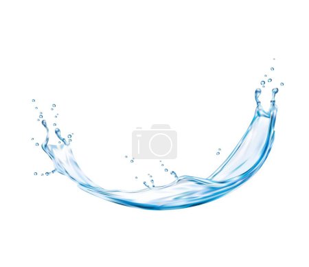 Téléchargez les illustrations : Vague d'eau bleue transparente éclaboussure d'écoulement liquide tourbillonnant avec déversement de coulée, vecteur réaliste. Eau froide ou boisson gazeuse coulant onde tourbillonnante pour éclaboussures d'eau gazeuse, isolé sur fond blanc - en licence libre de droit