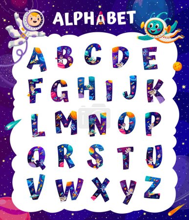 Illustration for Cartoon space alphabet, galaxy font, cartoon universe typeface, starry type. Vector typography letters of english alphabet with funny kid astronaut and alien characters, space planets, rockets and UFO - Royalty Free Image