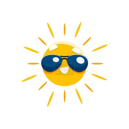 Illustration for Cartoon cheerful sun character in sunglasses. Summer vacation and resort travel vector cheerful personage. Summer sunshine and hot weather isolated funny character, sun happy mascot in sunglasses - Royalty Free Image