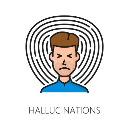 Illustration for Hallucinations psychological disorder problem, mental health isolated vector linear icon represents person with altered perceptions, portrayed with distorted images or surreal elements - Royalty Free Image