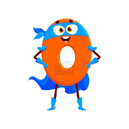 Illustration for Cartoon math number null zero superhero character. Isolated vector school numeral 0 vigilante personage featuring playful smiling face and bright orange color, perfect for children educational games - Royalty Free Image