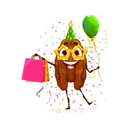 Illustration for Cartoon pekan nut character on holiday and birthday. Isolated vector joyful grain celebrates party with excitement, holding balloons and gifts, with confetti around, spreading cheer and happiness - Royalty Free Image