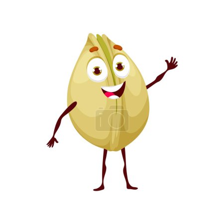 Illustration for Pistachio cartoon keto diet food character. Fresh nut comical mascot, Pistachio isolated vector cheerful personage waving hand or keto diet healthy food happy smiling character - Royalty Free Image