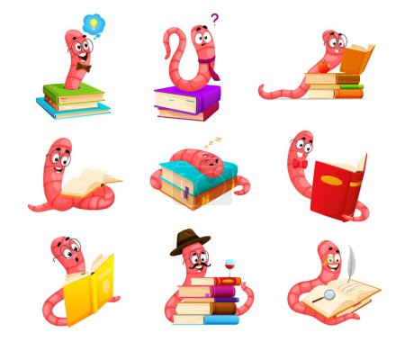 Illustration for Cartoon bookworm characters. Funny cute book worm animals. Vector set of pest personages reading, writing poems, having idea and question. Sleeping, learning exams and enjoying time in the library - Royalty Free Image