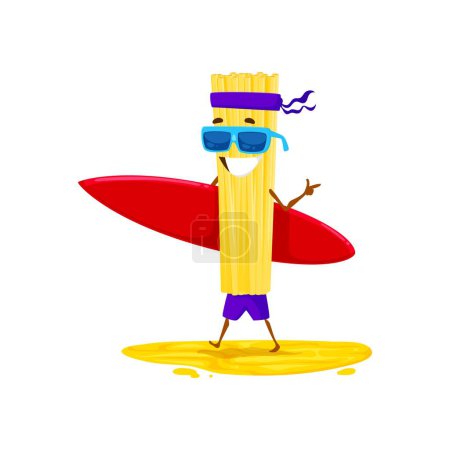 Téléchargez les illustrations : Cartoon surfer caractère pâtes avec planche de surf pendant les vacances d'été à la plage. Personnage vectoriel italien bucatini macaroni avec short de surf, lunettes de soleil, planche de surf et bandeau faisant geste de pistolet à doigt - en licence libre de droit