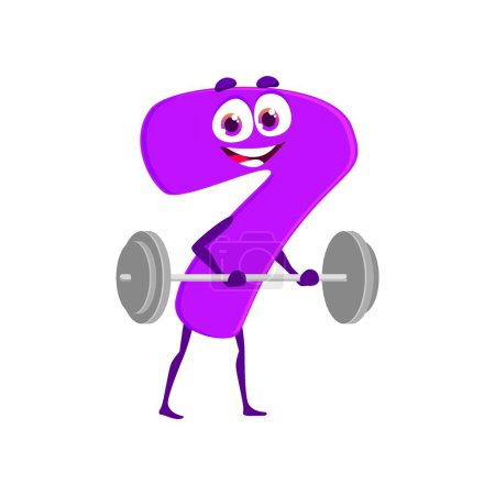 Illustration for Cartoon funny number seven 7, sportsman character for kids mathematics, vector icon. Number 7 seven athlete on sport training with gym barbell, cute math numerical for kids algebra education - Royalty Free Image
