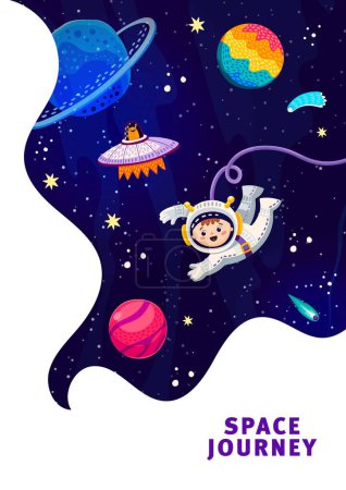Illustration for Cartoon kid spaceman in outer space flying to galaxy planets with alien UFO, vector poster. Space adventure and galaxy journey of kid spaceman with cosmic spaceship to starry sky and planets - Royalty Free Image