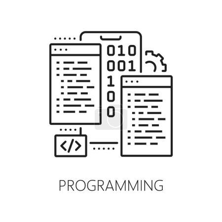 Ilustración de Programación, desarrollo de aplicaciones web e icono de optimización para la tecnología de ingeniería de software, vector de línea. Software de ordenador, aplicación móvil y sitio web UI o UX marco de programación y codificación icono - Imagen libre de derechos