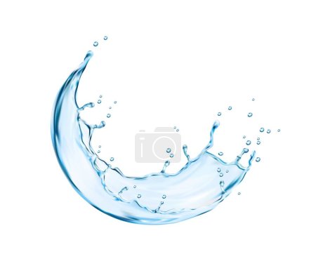 Illustration for Liquid water wave splash. Transparent flow swirl with drops. Realistic 3d vector pouring splashing aqua. Dynamic motion element with spray droplets. Isolated hydration, fresh drink element on white - Royalty Free Image