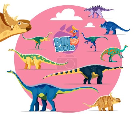 Ilustración de Divertidos dinosaurios personajes de dibujos animados. Struthiosaurus, Protoceratops, Elmisaurus and Garudimimus, Jaxartosaurus, Opisthocoelicaudia and Magyarosaurus, Quaesitosaurus, Pachyrhinosaurus dinosaur characters - Imagen libre de derechos