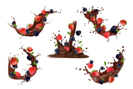 Illustration for Realistic chocolate milk drink splash with berries and drops, vector 3d food and cocoa fruit dessert. Melted chocolate wave and pouring choco milk with strawberry, blueberry, raspberry and blueberry - Royalty Free Image