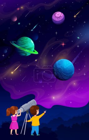 Illustration for Boy and girl kids looking through telescope at night sky and space planets, vector starry galaxy. Planetary education and school astronomy science background with space planets in galactic sky - Royalty Free Image