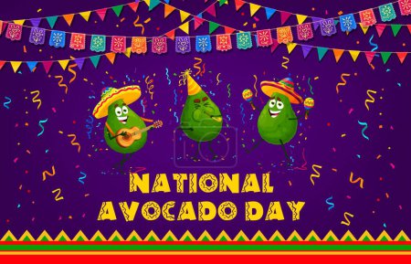 Illustration for Avocado Day banner. Cartoon green avocado characters on holiday party with vector mexican sombreros, guitar and maracas, papel picado flag garlands and confetti. Cute green fruits personages - Royalty Free Image