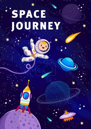 Téléchargez les illustrations : Enfant astronaute de dessin animé astronaute sur l'espace. Bannière ou affiche vectorielle de découverte de galaxies avec un enfant astronaute joyeux volant dans une galaxie étoilée en combinaison spatiale, fusée à la surface de la planète, comètes et étoiles - en licence libre de droit