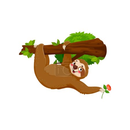 Ilustración de Dibujos animados personaje perezoso divertido colgando de la rama del árbol con la flor en la mano. Vector aislado alegre animal tropical con gran sonrisa, perezoso pero adorable, radiante positividad. Personaje de libro o juego para niños - Imagen libre de derechos