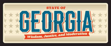 Illustration for Georgia vintage travel plate, retro signboard, touristic landmark plaque. Vector sign for travel destination. Retro board with wisdom, justice, moderation lettering, antique signboard - Royalty Free Image