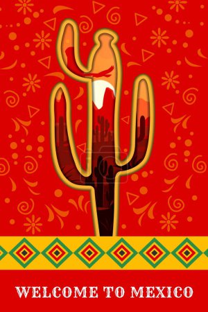 Illustration for Mexican desert and cactuses on paper cut travel banner. Latin America culture festival, welcome to Mexico paper cut vector flyer with cactus silhouette and desert sunset landscape, ethic ornament - Royalty Free Image