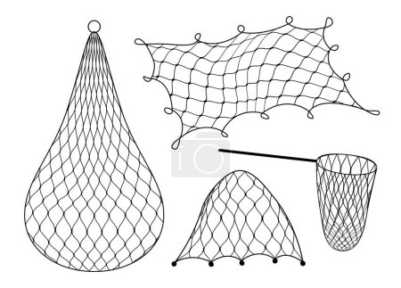 Illustration for Gillnet or gill and fish trap, bottom net of fishing and fishery industry, vector icons. Fishnet or fisher net trap for angling or hunting, fisherman hoop net or gill and fish cage catcher - Royalty Free Image