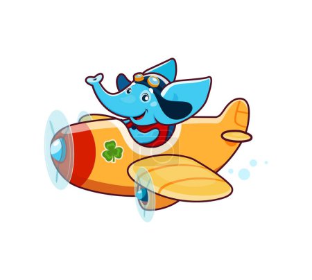 Illustration for Cartoon cute elephant animal pilot on plane or toy airplane, kids vector funny zoo mascot. Happy smiling elephant aviator or pilot flying on toy airplane for t-shirt print or child animals - Royalty Free Image