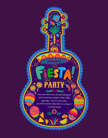 Téléchargez les illustrations : Flyer mexicain de fête de fiesta avec guitare, fleurs tropicales et ballons. Modèle vectoriel dans le style alebrije traditionnel, invitation à la célébration à l'intérieur de la forme de guitarron avec maracas et jalapeno - en licence libre de droit