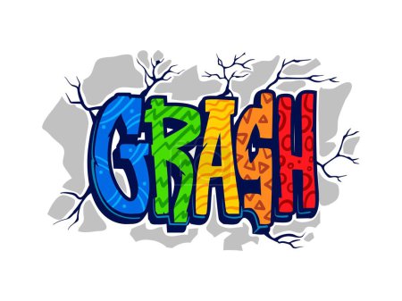 Illustration for Crash graffiti street art, urban style. Street art background, teenage or Hip Hop culture airbrush text isolated vector scribble. Graffiti grunge print with crash colorful text and cracks in wall - Royalty Free Image