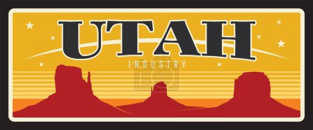 Illustration for Utah USA state travel plate, tourist destination. America region retro sign, old plaque with grand canyon, vintage typography vector. USA travel souvenir plate, US Utah, Salt Lake City capital - Royalty Free Image