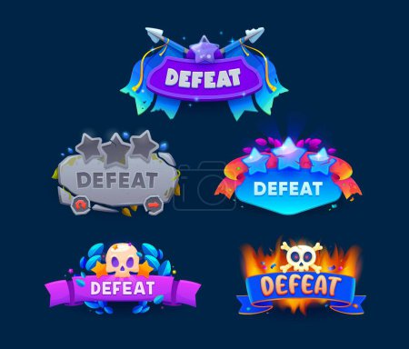 Illustration for Defeat game badges and shields for game UI and battle level lose, vector popup elements. Defeat banner with skull bones burning in fire, broken stone with ribbon and stars for arcade game level fail - Royalty Free Image