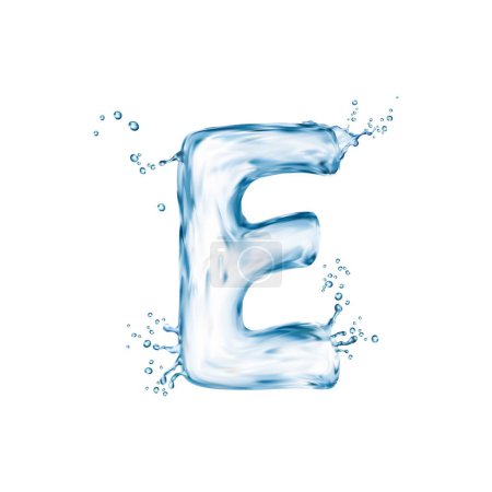 Illustration for Realistic letter e water font, flow splash type, liquid aqua typeface, transparent wet english alphabet resembles fluid, graceful wave. Its contours flow smoothly, embodying the fluidity and elegance - Royalty Free Image