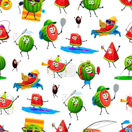 Illustration for Cartoon watermelon characters seamless pattern. Wrapping paper pattern, wallpaper vector seamless background or textile print with surfing, sunbathing and playing tennis cheerful watermelon personages - Royalty Free Image