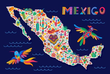 Téléchargez les illustrations : Silhouette de carte mexicaine avec symboles nationaux et plantes tropicales. Cartographie vectorielle contour rempli de sombrero, poncho, cactus et colibri, maracas, tortues et tex mex nourriture, poivre ou tequila - en licence libre de droit