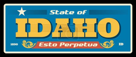 Illustration for Idaho USA state metal plate, retro road signs, signpost or car. United States of America vintage typography Esto Perpetua lettering and frame vector. Boise capital, Ada city signpost - Royalty Free Image