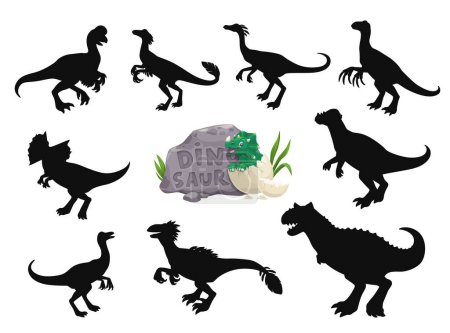 Téléchargez les illustrations : Dinosaures de bande dessinée personnages drôles silhouettes. Reptile disparu, mascotte de dinosaure vecteur jurassique. Carnotaurus, Oviraptor, Pachycéphalosaure et Dilophosaurus, Compsognathus, Gallimimus personnage mignon - en licence libre de droit