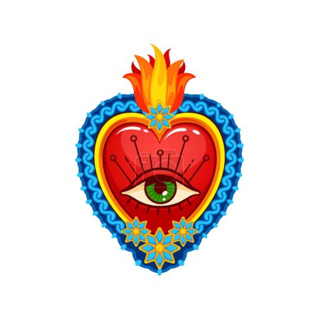 Illustration for Mexican sacred heart tattoo and symbol. Isolated cartoon vector vibrant and intricate representation with eye, fire and flowers, embodies devotion, love, and spirituality, signify passion, sacrifice - Royalty Free Image