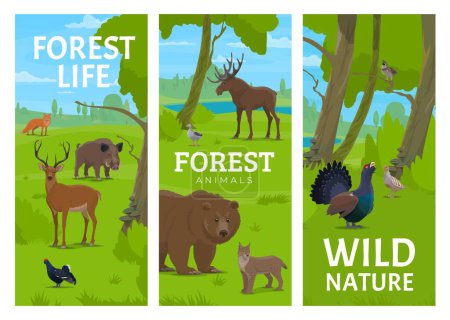 Illustration for Hunting sport, forest animals. Animal hunting season or shooting hobby club vector backdrop. National park or zoo forest animals vertical banners with fox, wild boar, deer and grouse, moose, bear - Royalty Free Image