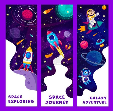 Illustration for Cartoon space banners. Funny astronaut and alien, rocket and space galaxy landscape. Vector fantasy universe background, planets, spaceships and comets, cute kid spaceman and martian characters - Royalty Free Image