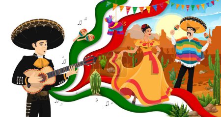 Téléchargez les illustrations : Papier de voyage mexicain coupe bannière, avec paysage désertique, pinata et maracas, fond vectoriel. Femme danseuse et mariachi musiciens personnages dans sombrero avec guitare et maracas sur la fiesta au Mexique - en licence libre de droit