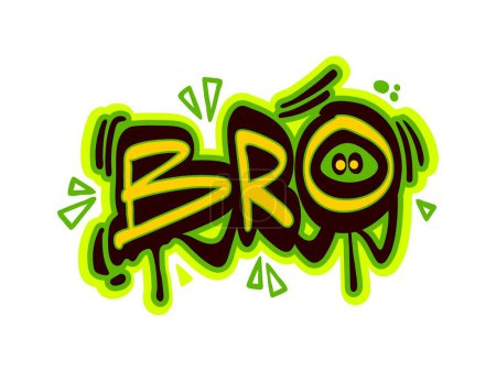 Illustration for Bro, graffiti art or street style word in urban text font, vector paint spray or airbrush calligraphy. Word Bro in graffiti letters with acid green and yellow paint leak drips with funky emoji smile - Royalty Free Image