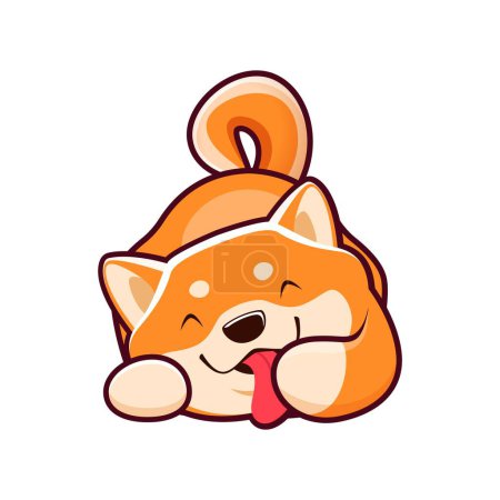 Ilustración de Dibujos animados kawaii Shiba Inu perro lamiendo la pata, lindo cachorro mascota o animal divertido, vector niños carácter. Shiba Inu cachorro perro jugando con la lengua y las patas, bebé mascota o feliz perro emoji - Imagen libre de derechos