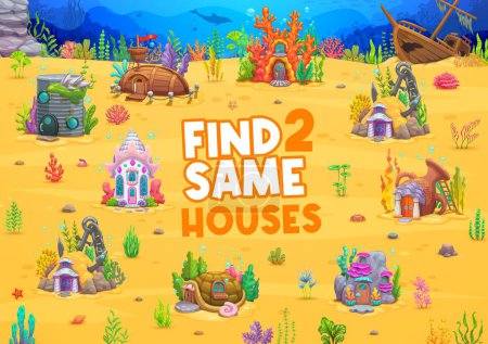 Illustration for Find two same house buildings on sea underwater landscape, vector game worksheet for kids. Cartoon undersea dwellings in seashell, sunken ship or boat and vase in puzzle quiz to find and match houses - Royalty Free Image