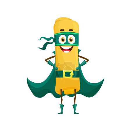 Illustration for Cartoon casarecce italian pasta food superhero character. Isolated vector quirky super hero defender personage with superpowers, stand in confident pose ready to fight hunger and bring joy to dinner - Royalty Free Image