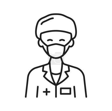 Téléchargez les illustrations : Chicken pox doctor in protective mask isolated outline icon. Infirmière vectrice traitant les problèmes de peau, la grippe et la fièvre. Travailleur médical de la santé - en licence libre de droit