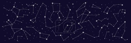 Ilustración de Astrología mística, constelación de estrellas borde del mapa del cielo nocturno, vector de fondo estrellado. Signos del zodiaco estelar en la galaxia espacial para horóscopo astrológico, astrología esotérica y astronomía planetaria - Imagen libre de derechos