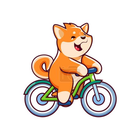 Illustration for Cartoon kawaii cute pet shiba inu dog and puppy character riding a bicycle. Isolated vector amusing japanese pup personage balancing the bike joyfully as it pedals its way through the streets - Royalty Free Image