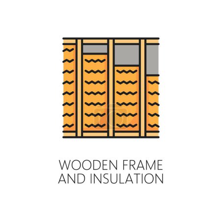 Illustration for Wooden frame and wall thermal insulation icon. Home facade thermal isolation material, building wall energy save technology and heat protection system line vector symbol or sign with wooden frame - Royalty Free Image