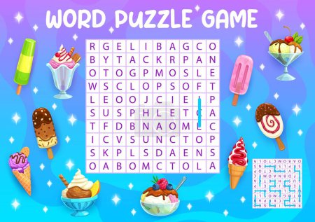 Illustration for Word search puzzle game with cartoon ice cream stick and cone, vanilla and chocolate sundae, vector worksheet grid. Kids word search quiz game with frozen sweet desserts of ice cream scoops in wafer - Royalty Free Image