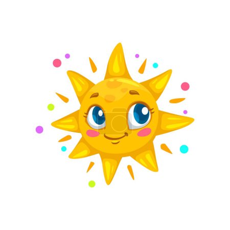 Téléchargez les illustrations : Dessin animé personnage de soleil d'été, visage emoji ensoleillé ou icône vectorielle emoticon sourire soleil. Joyeux soleil kawaii mignon brillant souriant avec des rayons arc-en-ciel, bébé enfants bande dessinée été soleil emoji caractère - en licence libre de droit