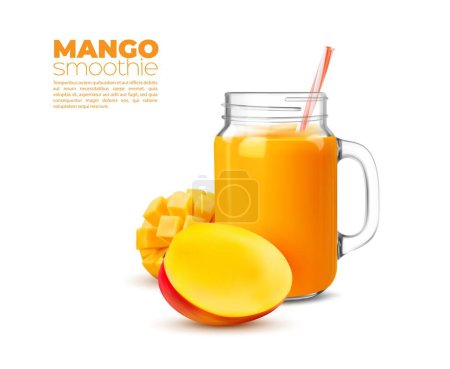 Illustration for Yellow mango smoothie or juice. Isolated realistic 3d vector refreshing tropical paradise in a glass, bursting with sweet fruity taste, perfect vibrant summer drink, with tangy goodness in every sip - Royalty Free Image