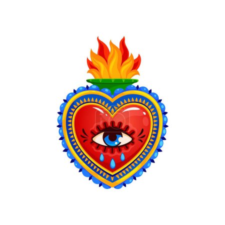 Ilustración de Corazón sagrado mexicano, llama ardiente y ojo llorón, tatuaje vectorial o símbolo religioso. Sagrado Corazón con lágrimas o Corazon Milagro, Religión Católica Mexicana signo de Jesús Dios amor y milagro divino - Imagen libre de derechos