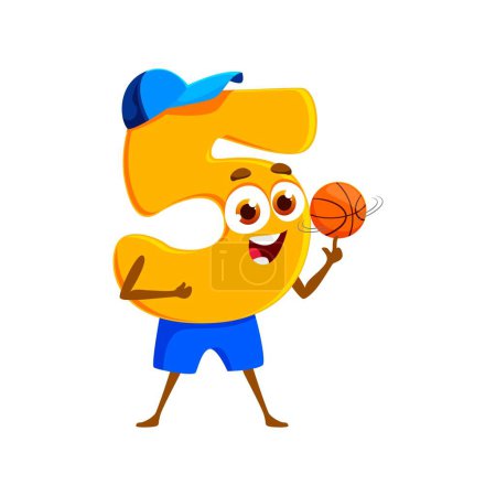 Ilustración de Dibujos animados divertido número cinco 5 jugando pelota de baloncesto, deportista personaje para niños matemáticas, icono de vector. Número 5 cinco en el entrenamiento del juego de baloncesto con la bola, matemáticas lindo numérico para la educación de los niños - Imagen libre de derechos